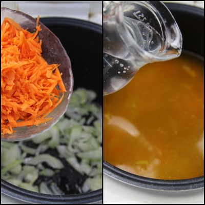 Saury soppa i multikokare Tillsätt morötter i löken. Stek blandningen i 15 minuter, rör om ibland. <br> Tillsätt vatten efter 15 minuter. ?>
