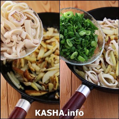 Fried potatoes with squid. 5 minutes before the potatoes are ready, add the squid. We fry for about 5 minutes, so that the squid is soft. <br> Add the onion. ?>