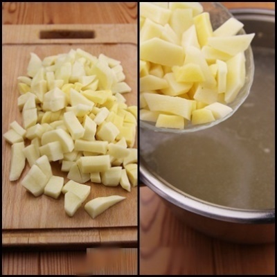 Гъбена супа с горски гъби Обелете и нарежете картофите. <br> Варете картофи за 10 минути. ?>