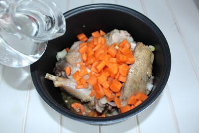慢炖锅中的自制鸡 加水。我们将程序设置为炖30分钟，然后烘焙30分钟。经过这个程序，鸡肉变得柔软，美味和开胃。 ?>