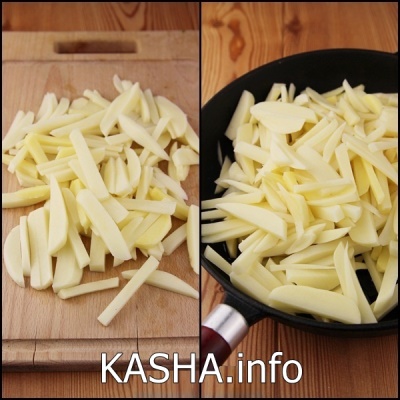 Жареная картошка с лесными грибам Картофель очистить, нарезать соломкой. Картофель жарим на сковороде, солим перчим по вкусу. ?>