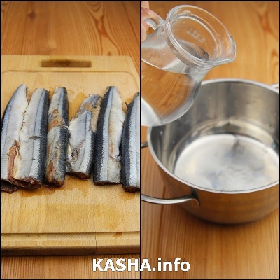 Pickled Saury Gut and decapitate the fish, rinse. <br> Cook the marinade. Add water to the pan. ?>