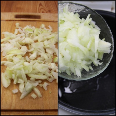  Cebolla, pelar, picar. <br> Ponga la olla de cocción múltiple en modo horneado, agregue un poco de aceite, agregue cebollas. ?>