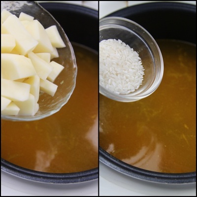 Adjunk hozzá burgonyát. Add pic Só, bors. <br> Állítsa a többfőzős főzőt leves üzemmódba, főzze a levest 45 percig. ?>