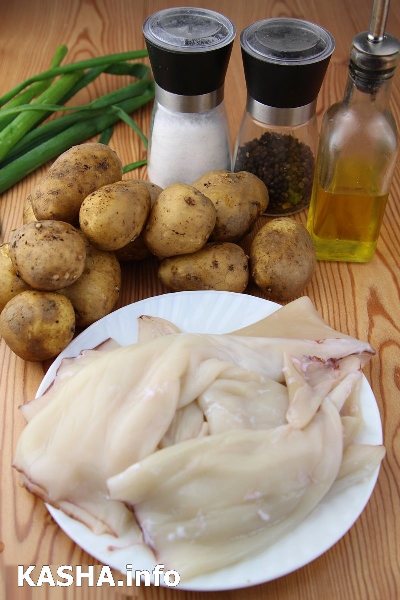 Stekte poteter med blekksprut. BESTANDDELER ?>