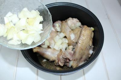 慢炖锅中的自制鸡 加洋葱。 ?>
