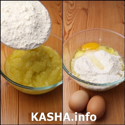 Add flour. <br>
Add eggs.